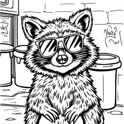 A black and white coloring page showcasing a badass, unbothered raccoon with a relaxed and confident expression