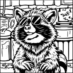 A black and white coloring page showcasing a badass, unbothered raccoon with a relaxed and confident expression