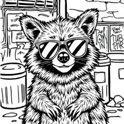 A black and white coloring page showcasing a badass, unbothered raccoon with a relaxed and confident expression