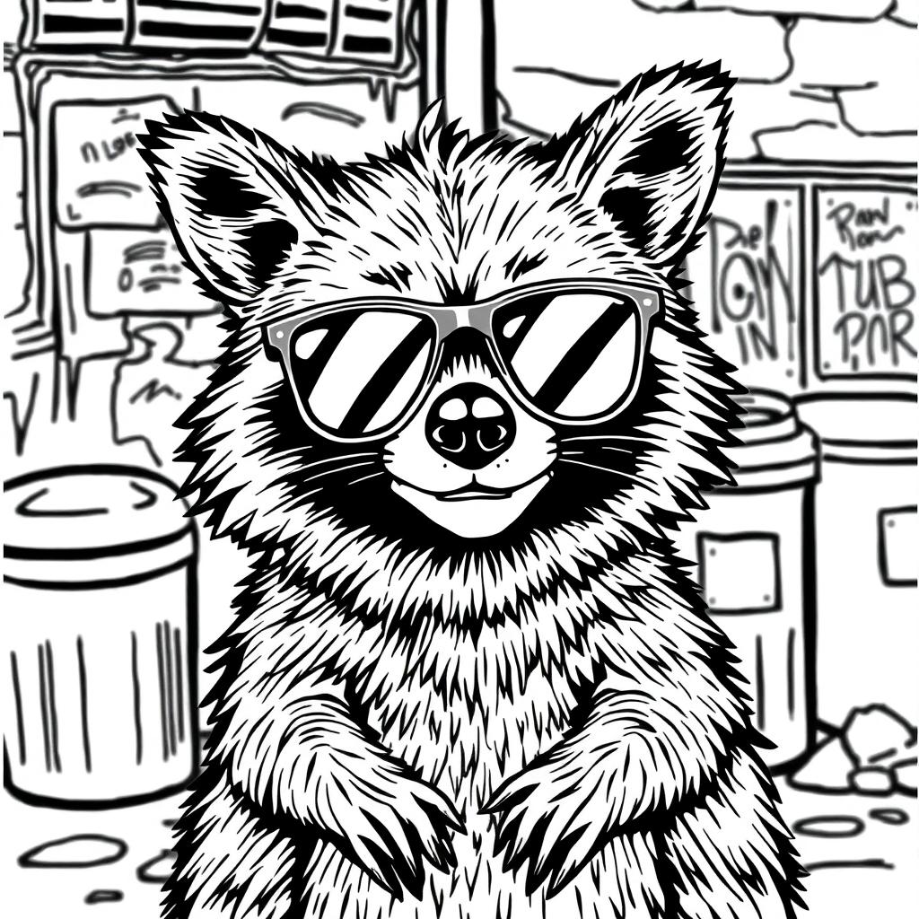A black and white coloring page showcasing a badass, unbothered raccoon with a relaxed and confident expression