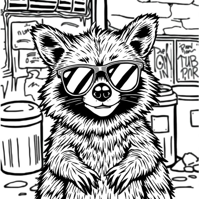 A black and white coloring page showcasing a badass, unbothered raccoon with a relaxed and confident expression