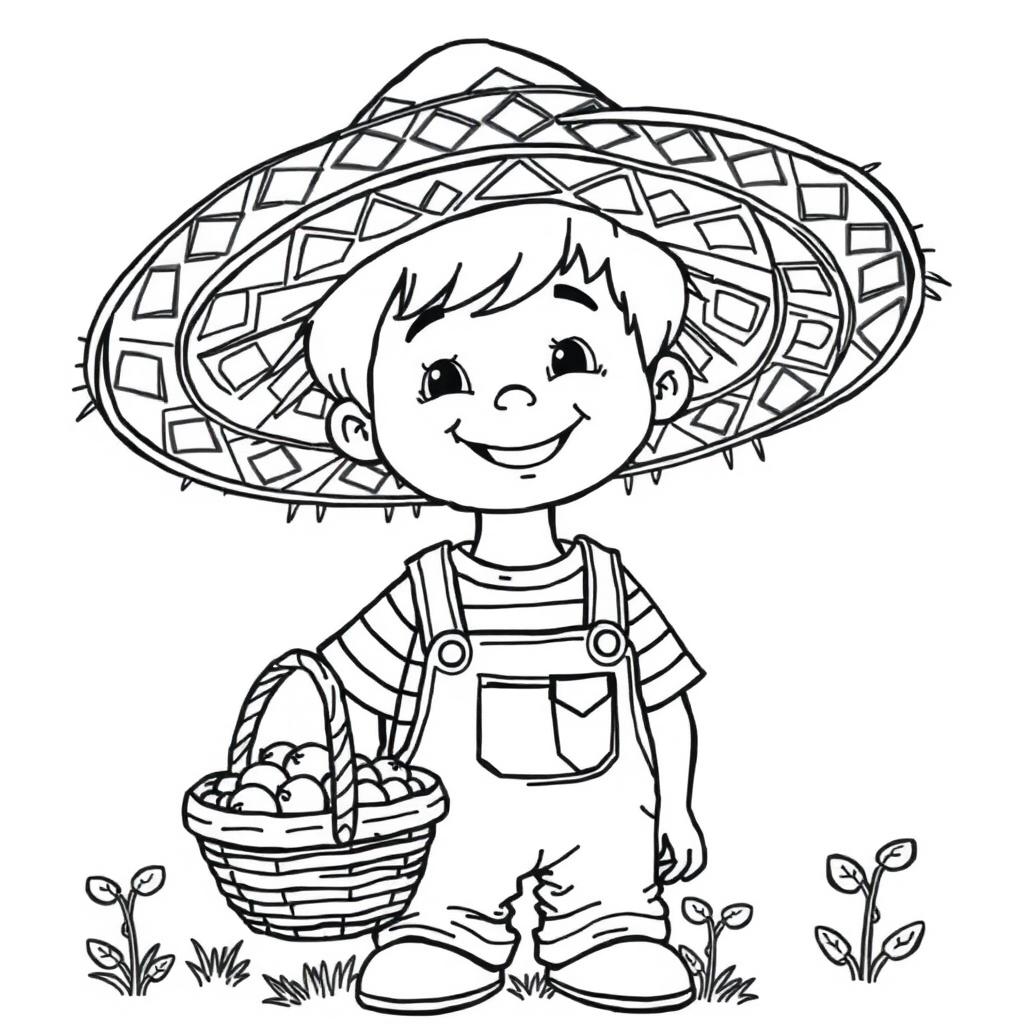 A smiling boy wearing a large hat with geometric patterns