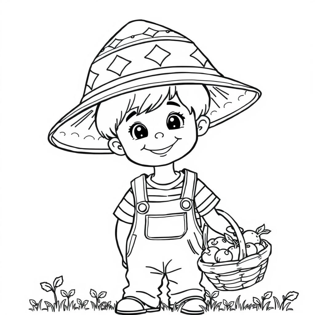 A smiling boy wearing a large hat decorated with geometric patterns