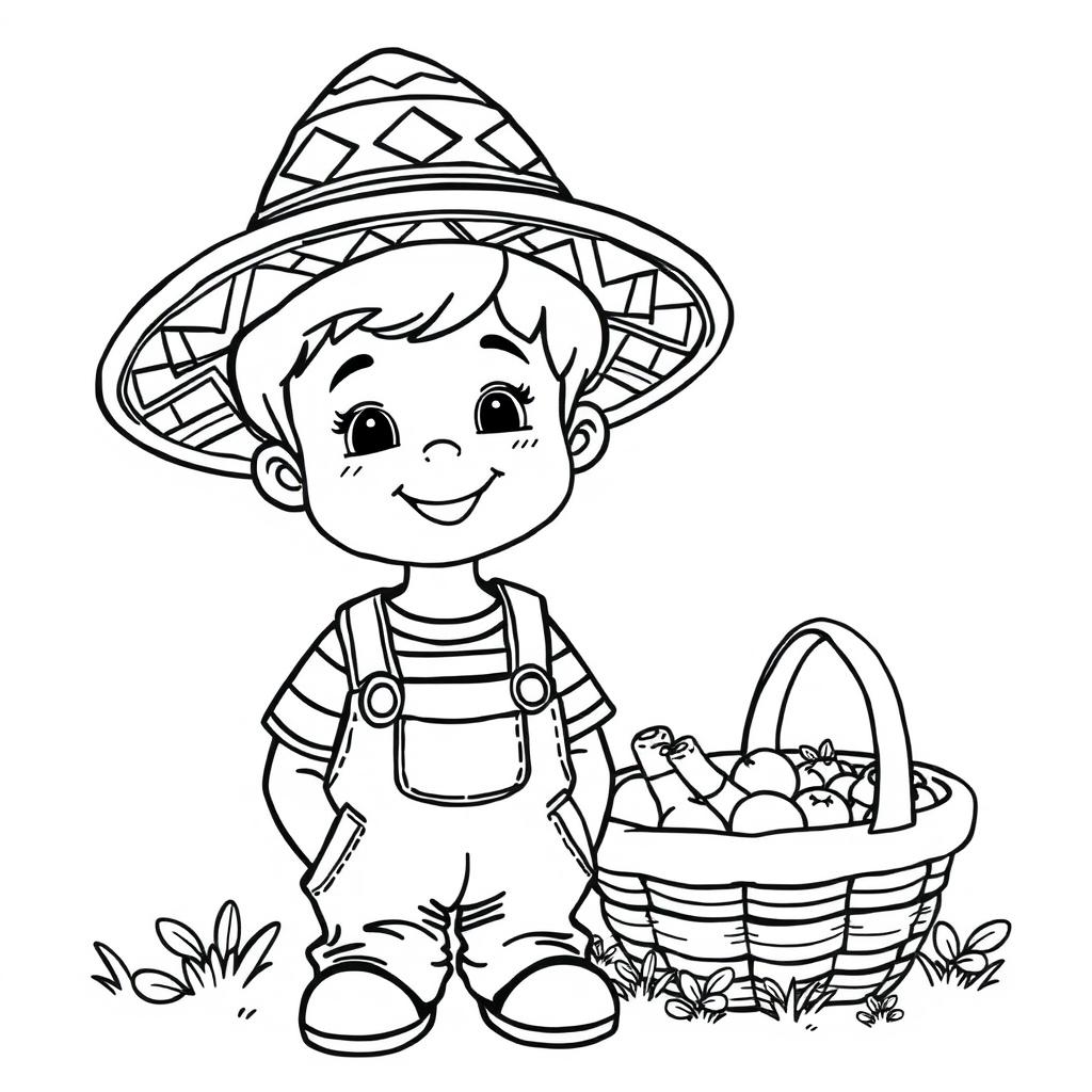 A smiling boy wearing a large hat with geometric patterns