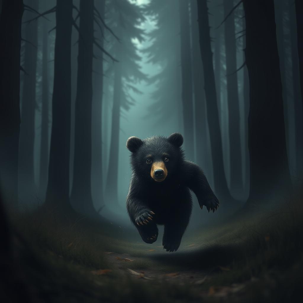 A small bear running through a dense forest, filled with tall, dark trees and a slight mist covering the ground, conveying a sense of danger and loneliness