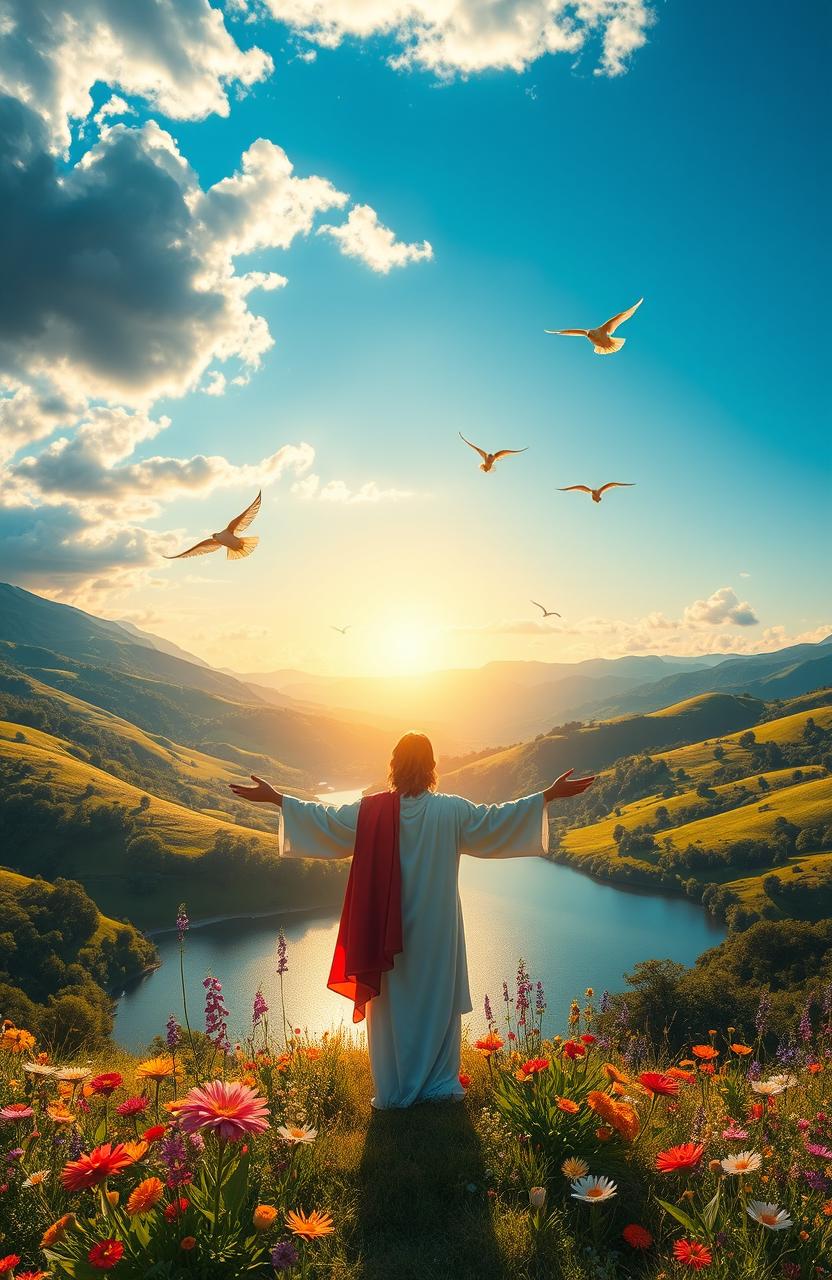 A stunning depiction of the revelation of Christ in creation, showcasing a majestic landscape where nature flourishes