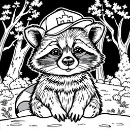 A black and white coloring page depicting a cool, unbothered raccoon with a relaxed demeanor