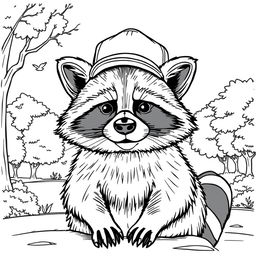 A black and white coloring page depicting a cool, unbothered raccoon with a relaxed demeanor