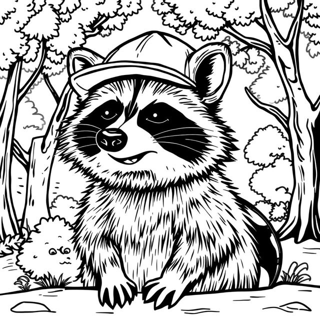 A black and white coloring page depicting a cool, unbothered raccoon with a relaxed demeanor
