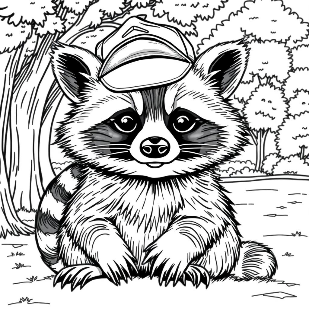 A black and white coloring page depicting a cool, unbothered raccoon with a relaxed demeanor