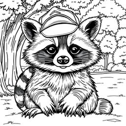 A black and white coloring page depicting a cool, unbothered raccoon with a relaxed demeanor