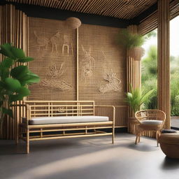 Visualization of bamboo and rattan benches arranged in an artisanal setting, tastefully adorned with Wayang Kulit, traditional Indonesian shadow puppets, showcasing a mix of natural textures and cultural elements.