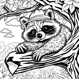 A black and white coloring page illustrating a cool, unbothered raccoon lazily chilling out
