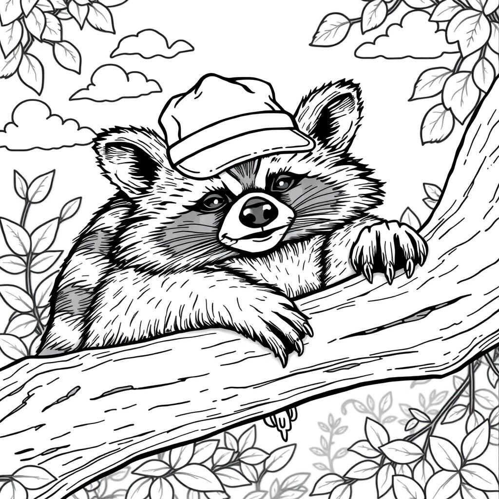 A black and white coloring page illustrating a cool, unbothered raccoon lazily chilling out