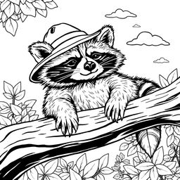 A black and white coloring page illustrating a cool, unbothered raccoon lazily chilling out