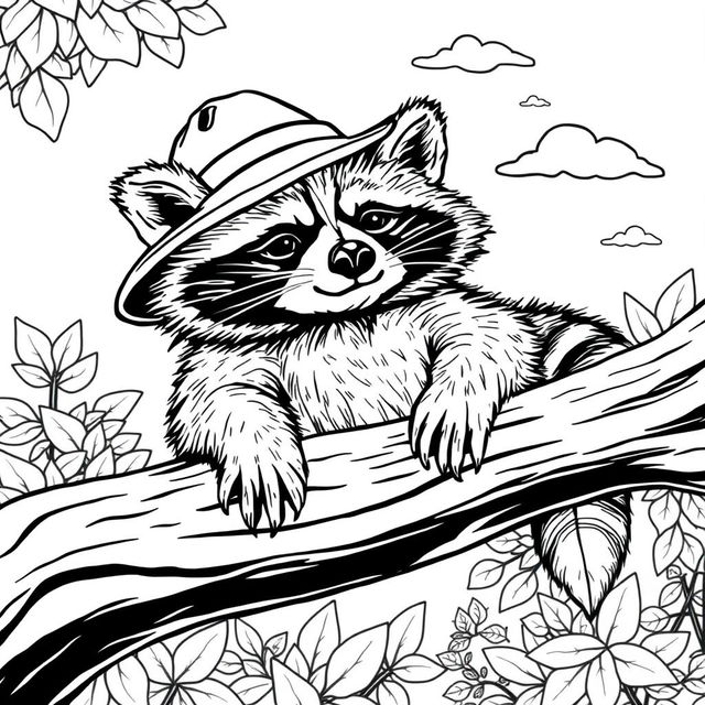 A black and white coloring page illustrating a cool, unbothered raccoon lazily chilling out