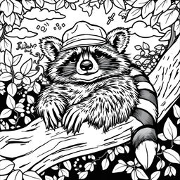A black and white coloring page illustrating a cool, unbothered raccoon lazily chilling out