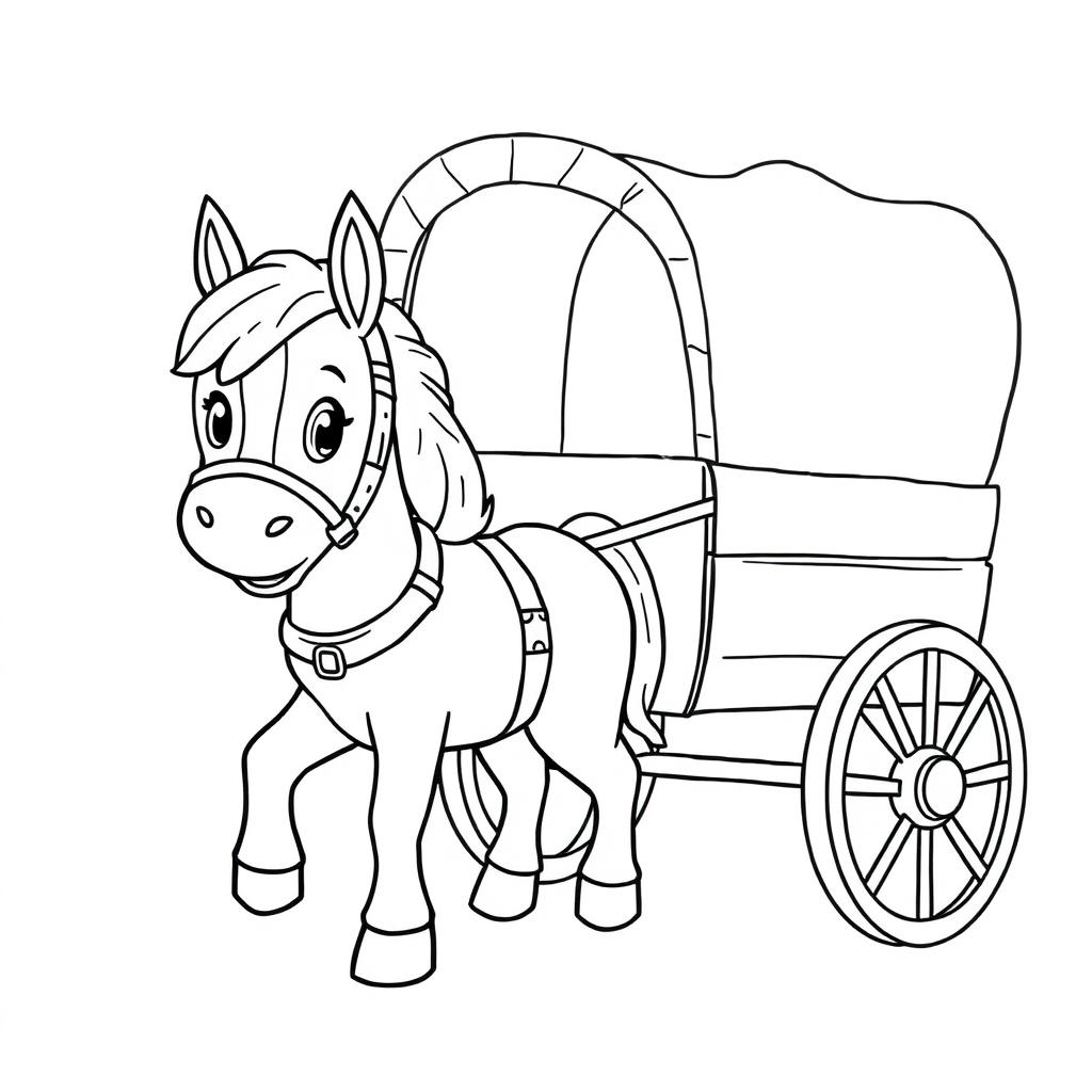 A cute pony pulling a covered wagon