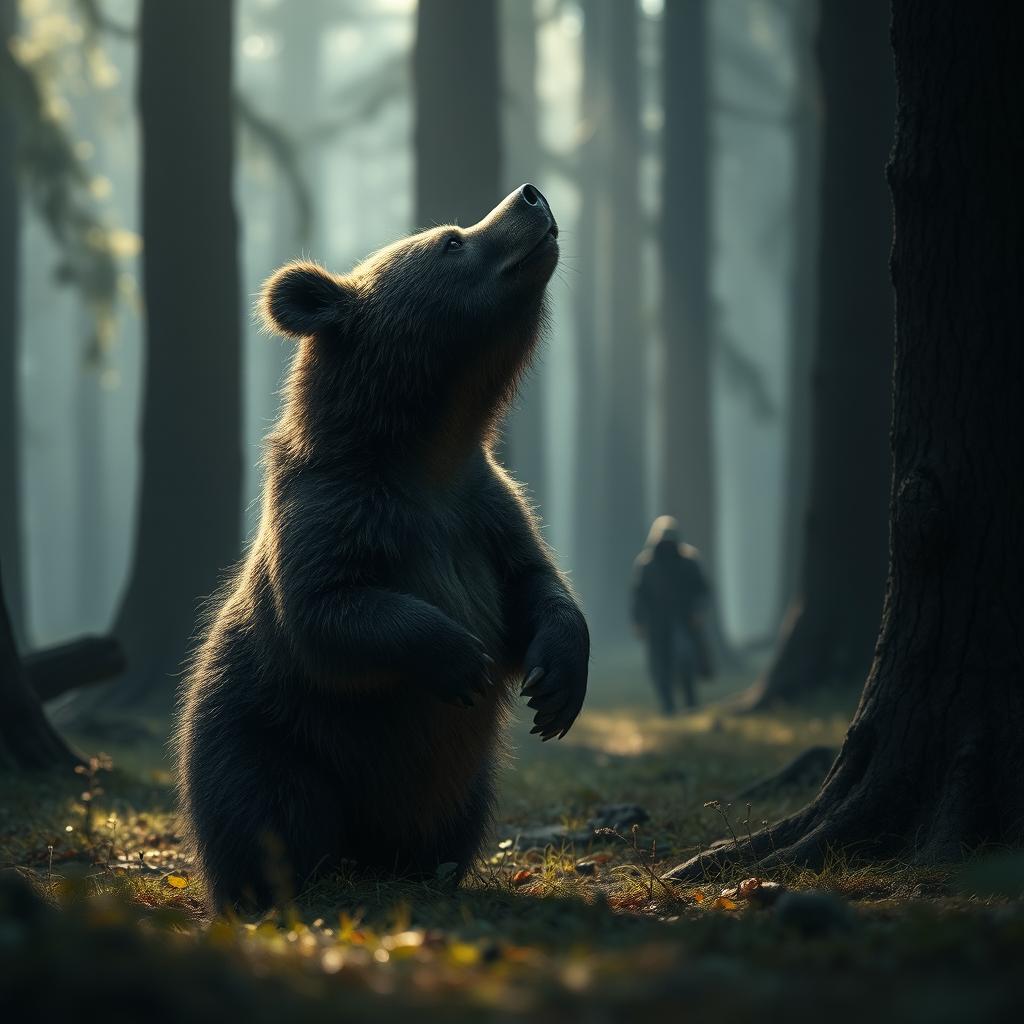 A small bear standing in a forest, lifting its snout to sniff the air, its fur is detailed and textured, surrounded by tall, shadowy trees