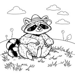 A black and white coloring page featuring a cool, unbothered raccoon relaxing comfortably