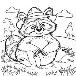 A black and white coloring page featuring a cool, unbothered raccoon relaxing comfortably