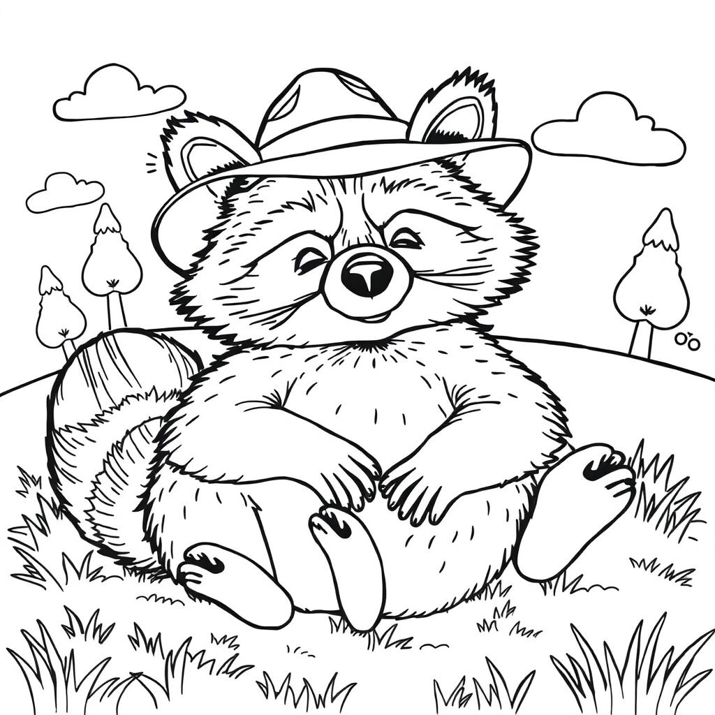 A black and white coloring page featuring a cool, unbothered raccoon relaxing comfortably