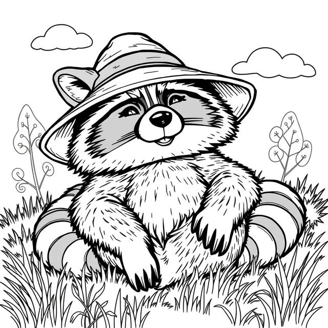 A black and white coloring page featuring a cool, unbothered raccoon relaxing comfortably