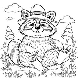 A black and white coloring page featuring a cool, unbothered raccoon relaxing comfortably