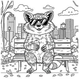 A black and white coloring page featuring a chilling city raccoon, sitting comfortably on a park bench in an urban setting