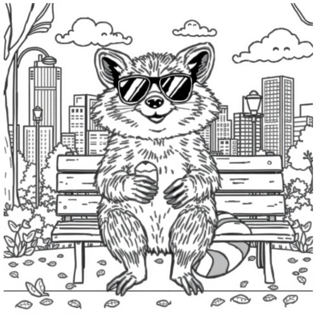 A black and white coloring page featuring a chilling city raccoon, sitting comfortably on a park bench in an urban setting