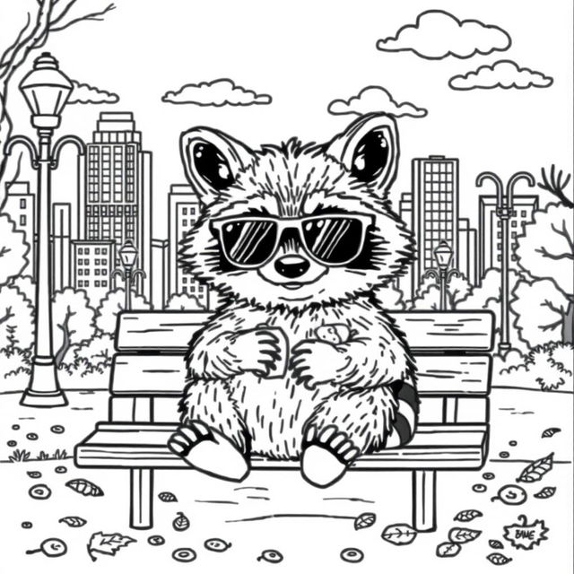 A black and white coloring page featuring a chilling city raccoon, sitting comfortably on a park bench in an urban setting