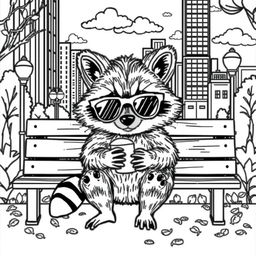 A black and white coloring page featuring a chilling city raccoon, sitting comfortably on a park bench in an urban setting