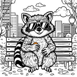 A black and white coloring page featuring a chilling city raccoon, sitting comfortably on a park bench in an urban setting