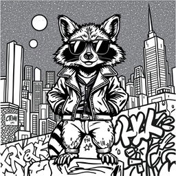 A black and white coloring page featuring a badass city raccoon exuding confidence