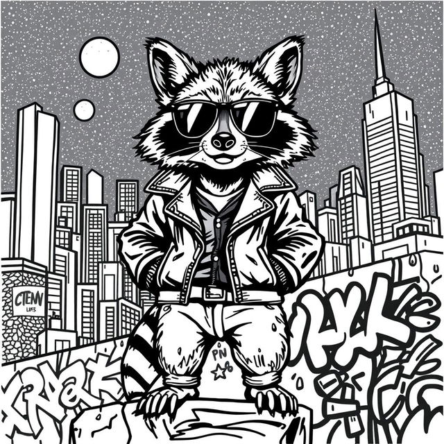 A black and white coloring page featuring a badass city raccoon exuding confidence