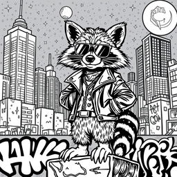 A black and white coloring page featuring a badass city raccoon exuding confidence