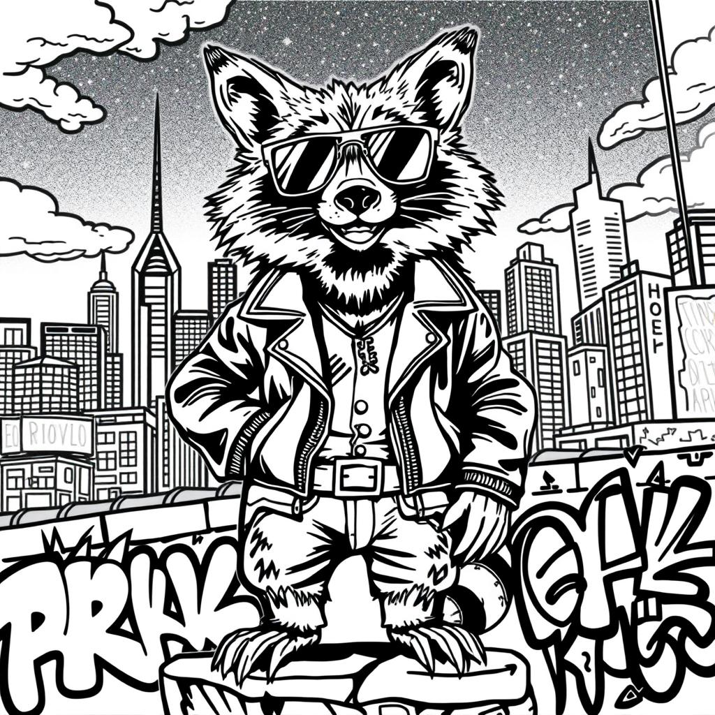 A black and white coloring page featuring a badass city raccoon exuding confidence