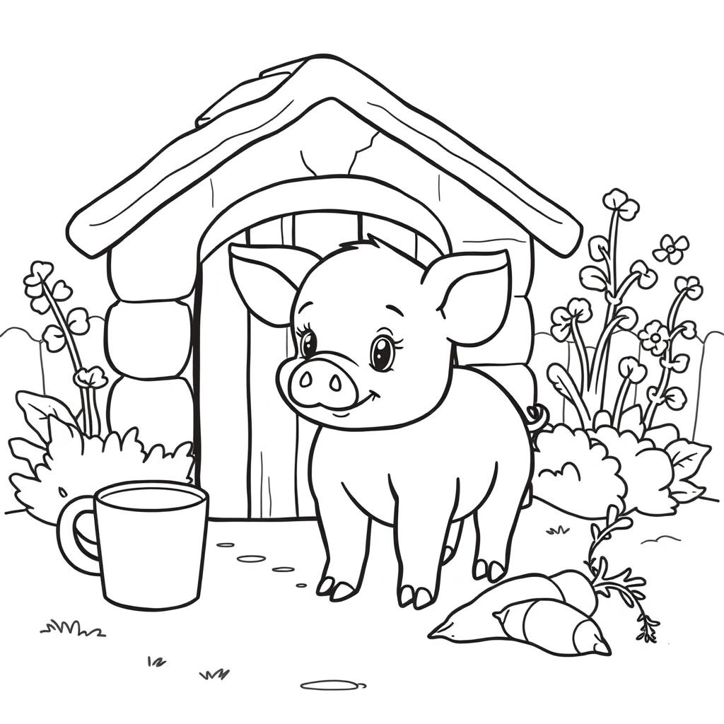A cute piglet standing in front of a small barn or cottage