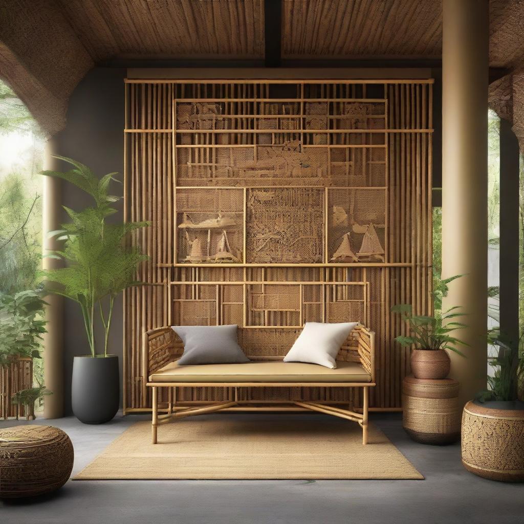 Visualization of bamboo and rattan benches arranged in an artisanal setting, tastefully adorned with Wayang Kulit, traditional Indonesian shadow puppets, showcasing a mix of natural textures and cultural elements.