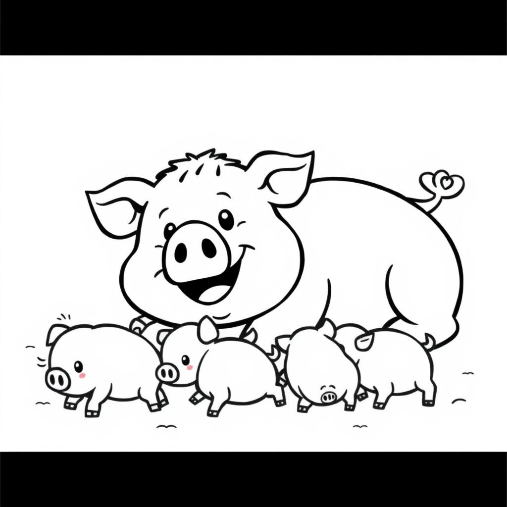 A cute, chubby pig lying on the ground with a big smile on its face, surrounded by three adorable piglets suckling from her