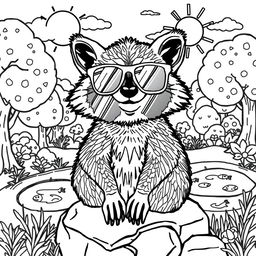 A black and white coloring page featuring a stylish raccoon wearing oversized sunglasses