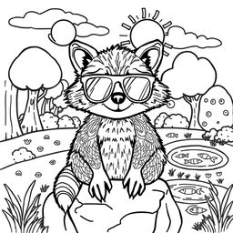 A black and white coloring page featuring a stylish raccoon wearing oversized sunglasses