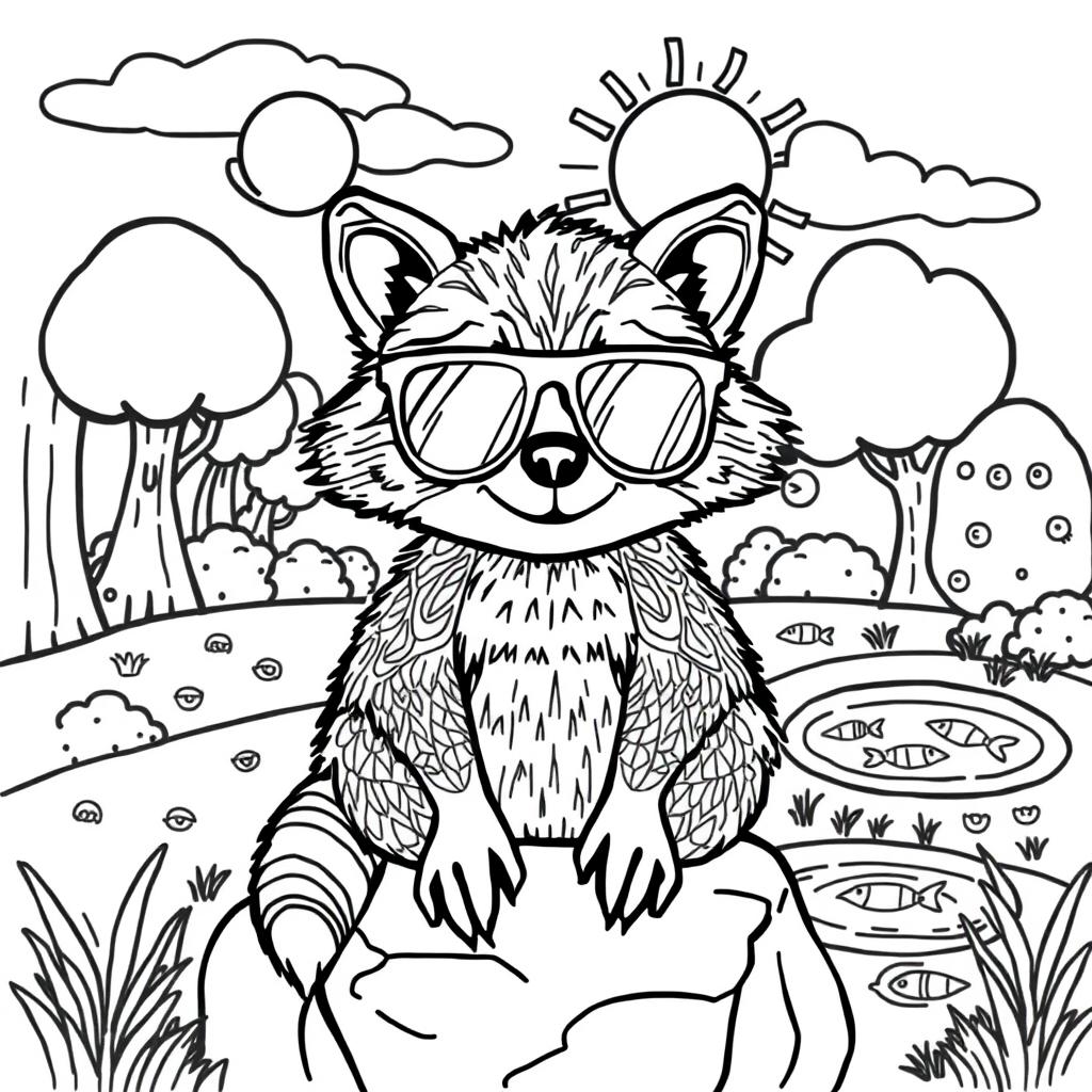 A black and white coloring page featuring a stylish raccoon wearing oversized sunglasses