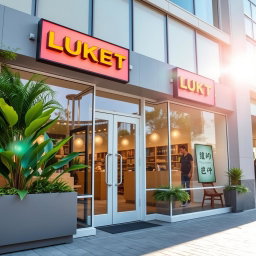 A beautifully designed storefront for a modern business, showcasing a clean and inviting facade with large glass windows, vibrant signage, and lush greenery integrated into the design