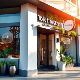 A beautifully designed storefront for a modern business, showcasing a clean and inviting facade with large glass windows, vibrant signage, and lush greenery integrated into the design