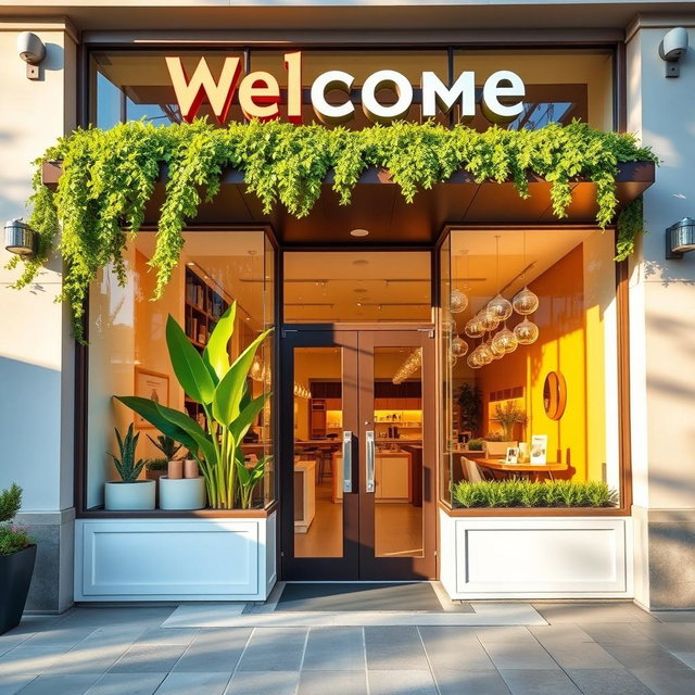 A beautifully designed storefront for a modern business, showcasing a clean and inviting facade with large glass windows, vibrant signage, and lush greenery integrated into the design