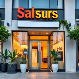 A beautifully designed storefront for a modern business, showcasing a clean and inviting facade with large glass windows, vibrant signage, and lush greenery integrated into the design