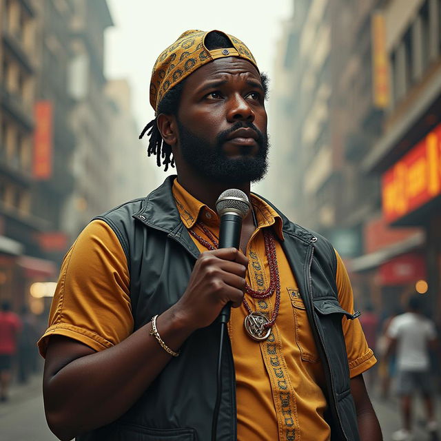 Create a portrait of Emeka Onyema, a Nigerian Igbo character depicted as the 'Voice of the People'