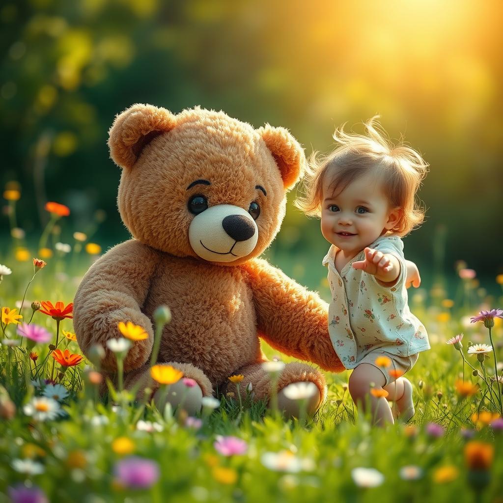 A heartwarming scene featuring a friendly teddy bear and a young child