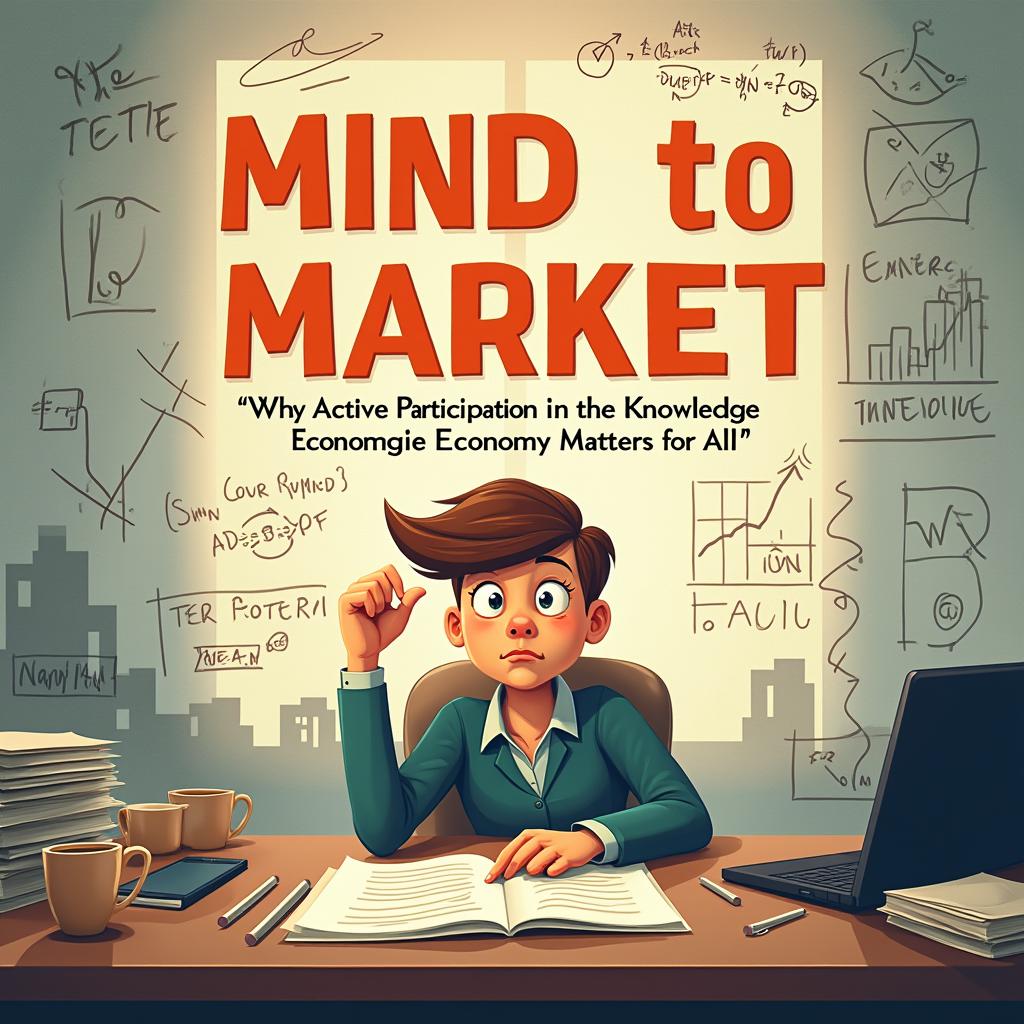 Design a book cover for 'Mind to Market - Why Active Participation in the Knowledge Economy Matters for All', featuring a journalist character at a desk, looking puzzled